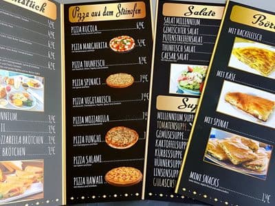 Печатени менија за ресторан со фотографии од пици, салати и пецива
