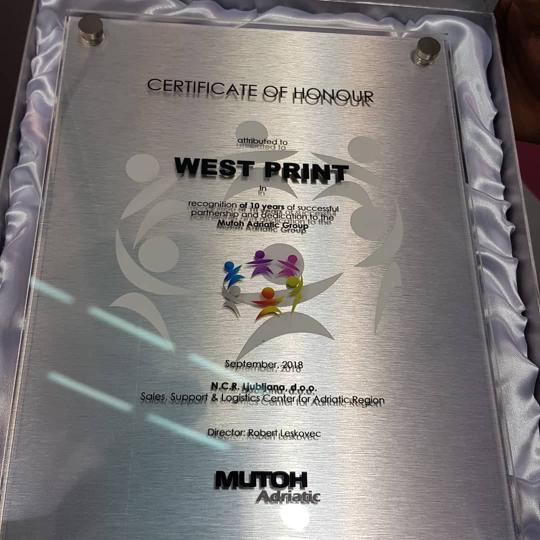 Признание од Mutoh Adriatic за WestPrint за 10 години партнерство